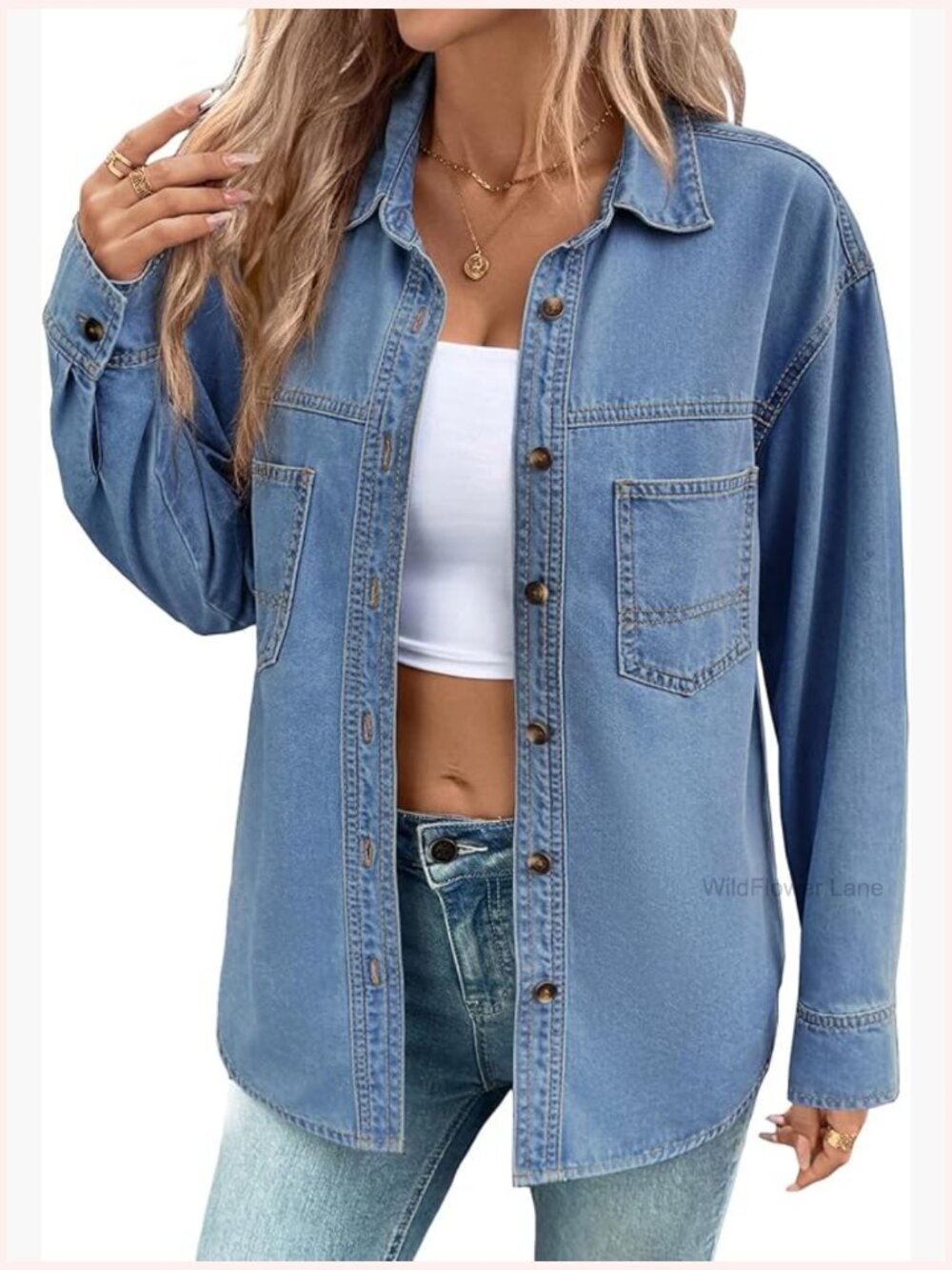 Women Oversized Button Down Denim Shirt Long Sleeve V Neck Casual Top Shackets